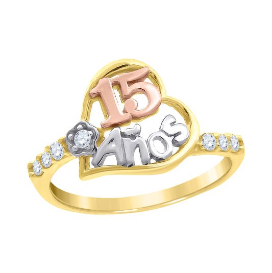14K Tri-Color Gold Womens Cubic Zirconia 15 Anos Heart Ring