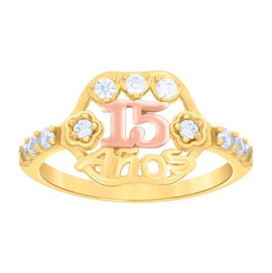 14K Gold Womens Tri-Color Cubic-Zirconia 15 Anos Flower Size 7 Quinceanera Ring Band