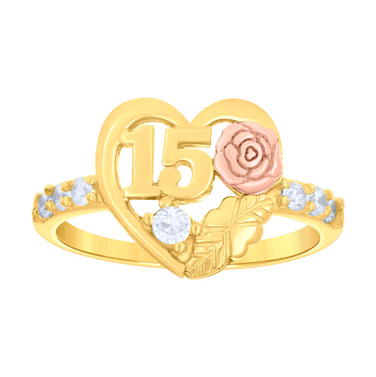 14K Gold Womens Tri-Color Cubic-Zirconia 15 Anos Rose Heart Size 7 Quinceanera Ring Band