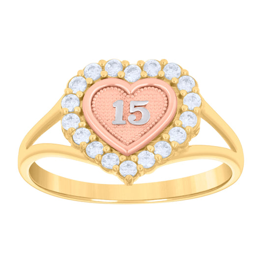14K Tri-color Gold Womens Cubic-Zirconia Sweet 15 Heart Quinceanera Ring