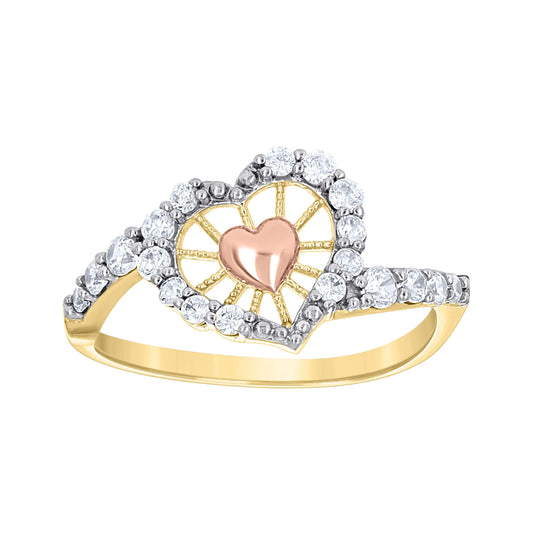 14K Gold Womens Tri-Color Cubic-Zirconia Heart Size 7 Love Ring Band