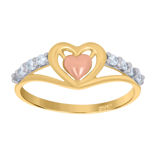 14K Tri-Color Gold Womens Cubic Zirconia Heart Engagement Ring