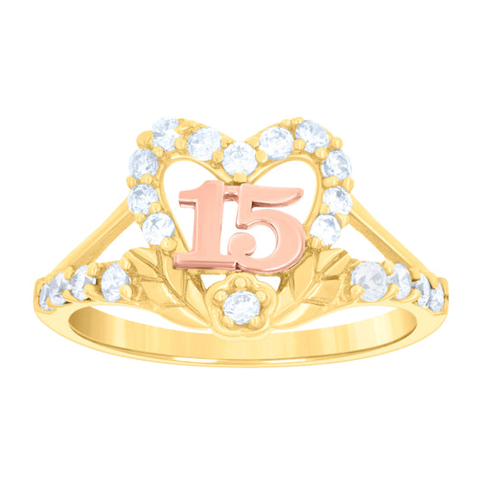 14K Gold Womens Tri-Color Cubic-Zirconia 15 Anos Flower Heart Size 7 Quinceanera Ring Band