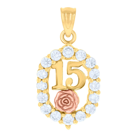 14K Gold Womens Tri-Color Cubic-Zirconia 15 Anos Flower Oval Quinceanera Ht:24.6Mm Pendant Charm