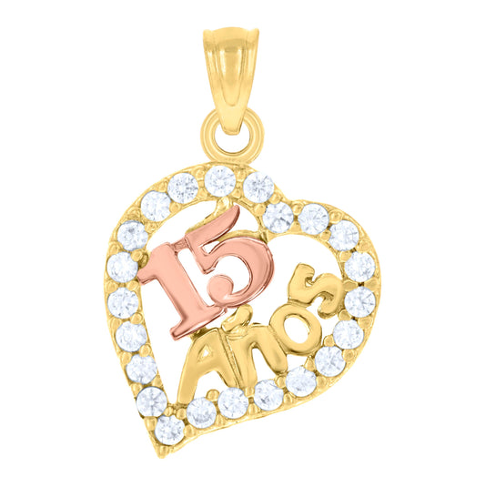 14K Gold Womens Tri-Color Cubic-Zirconia 15 Anos Heart Quinceanera Ht:21.4Mm Pendant Charm