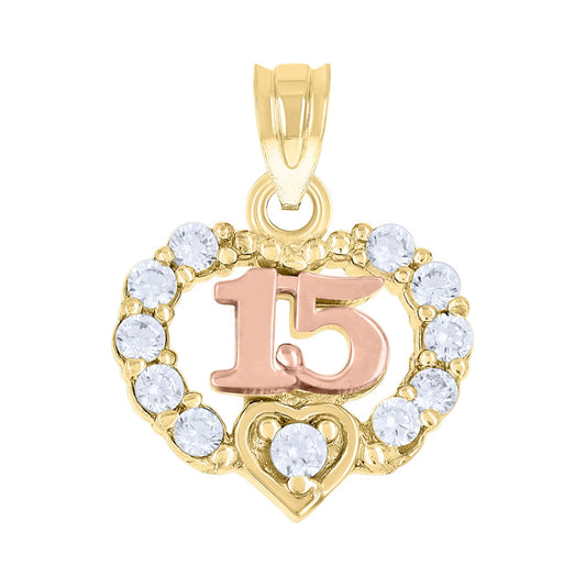 14K Gold Womens Tri-Color Cubic-Zirconia 15 Anos Heart Quinceanera Ht:16.8Mm Pendant Charm