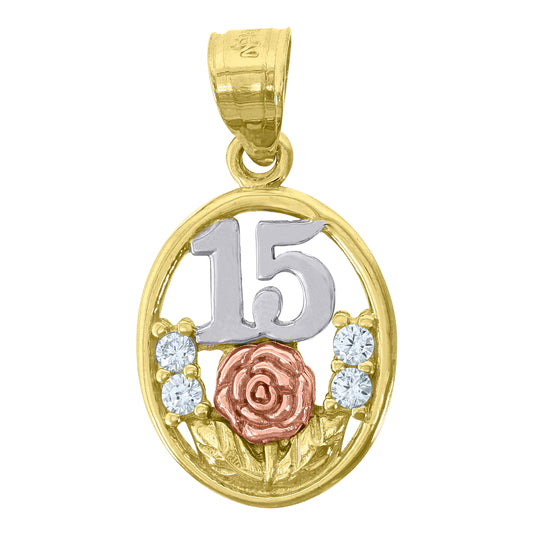 14K Gold Womens Tri-Color Cubic-Zirconia 15 Anos Flower Oval Quinceanera Ht:23.2Mm Pendant Charm