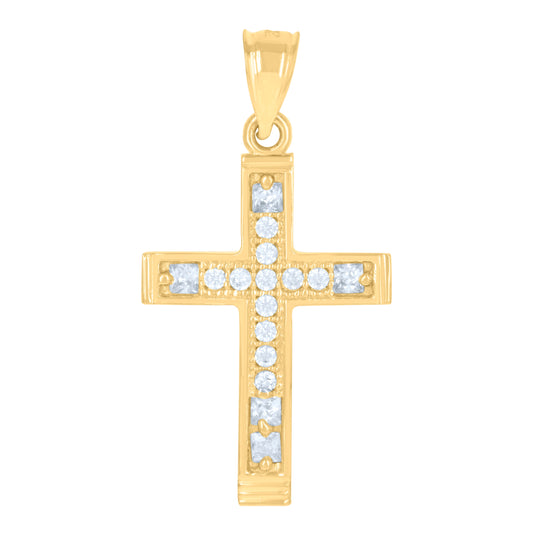 14K Two-Tone Gold Unisex Cubic-Zirconia Cross Religious Ht:31.4Mm Pendant Charm