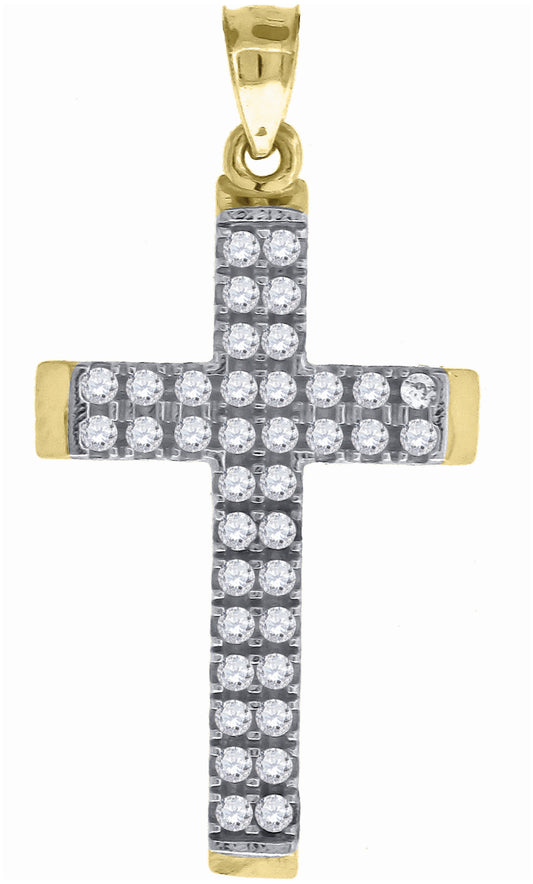 14K Gold Womens Two-Tone Diamond-Cut Cross Ht:32.3Mm Religious Pendant Charm
