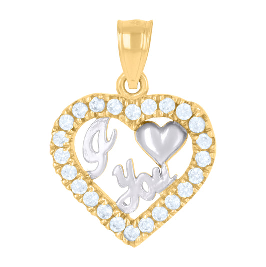 14K Gold Womens Two-Tone Diamond-Cut I Love You Ht:19.3Mm Heart Pendant Charm