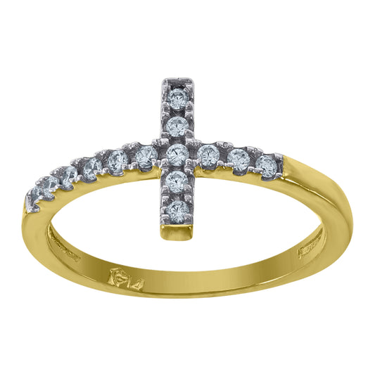 14K Two-Tone Gold Womens Cubic Zirconia Cross Religious Ring