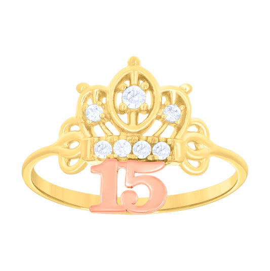 14K Tri-Color Gold Womens Cubic Zirconia 15 Anos Ring