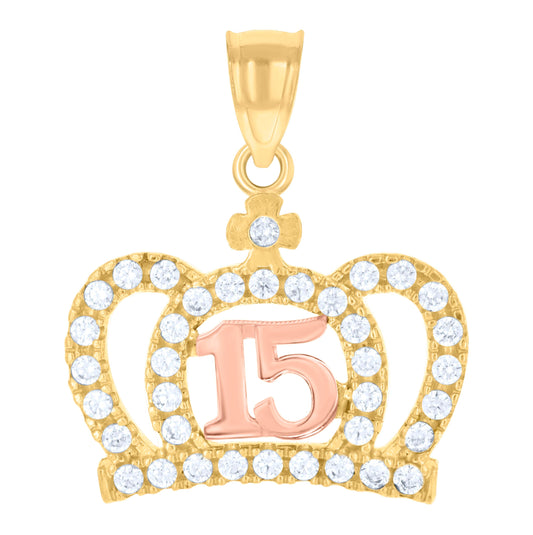 14K Gold Womens Tri-Color Diamond-Cut 15 Anos Crown Ht:22.2Mm Quinceanera Pendant Charm