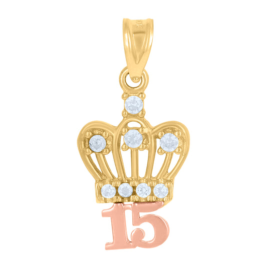 14K Gold Womens Tri-Color Diamond-Cut 15 Anos Crown Ht:21.5Mm Quinceanera Pendant Charm