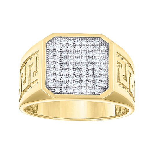 14K Gold Mens Two-Tone Cubic-Zirconia Greek Key Engraved Side Bands Square Head Ring Band