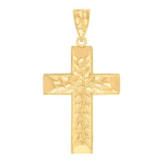 14K Yellow Gold Womens Diamond-Cut Nugget Cross Ht:57.8Mm Religious Pendant Charm