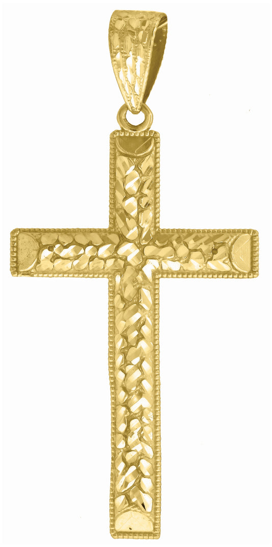 14K Yellow Gold Womens Diamond-Cut Nugget Cross Ht:68Mm Religious Pendant Charm