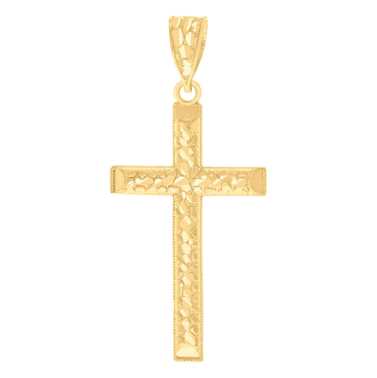 14K Yellow Gold Womens Diamond-Cut Nugget Cross Ht:60.4Mm Religious Pendant Charm