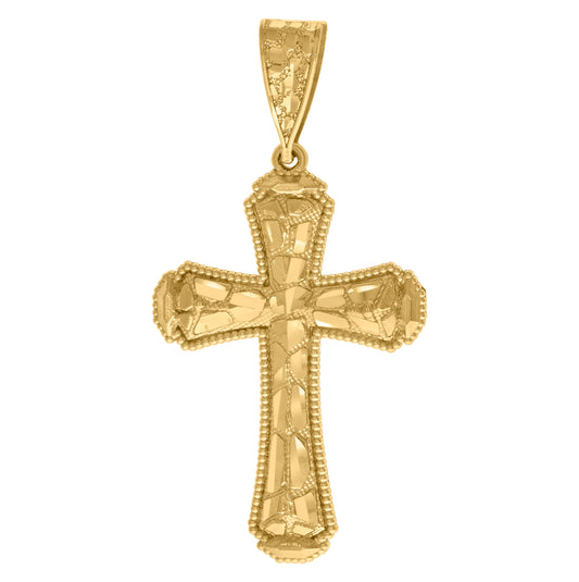 14K Yellow Gold Womens Diamond-Cut Nugget Budded Cross Ht:54.2Mm Religious Pendant Charm