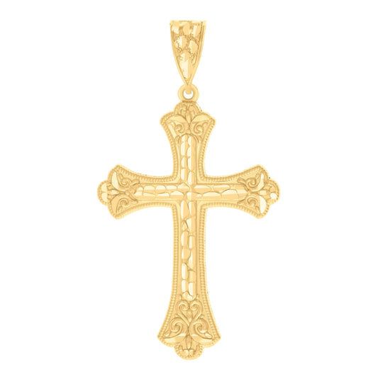 14K Yellow Gold Womens Diamond-Cut Nugget Budded Cross Ht:61.5Mm Religious Pendant Charm