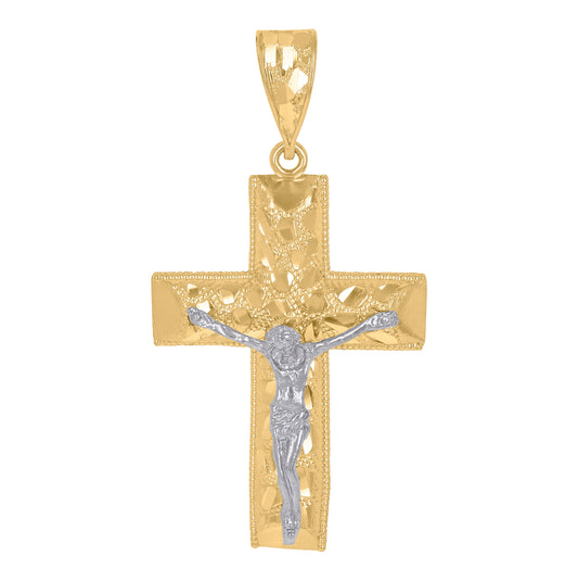 14K Gold Womens Two-Tone Diamond-Cut Nugget Cross Crucifix Jesus Religious Pendant Charm