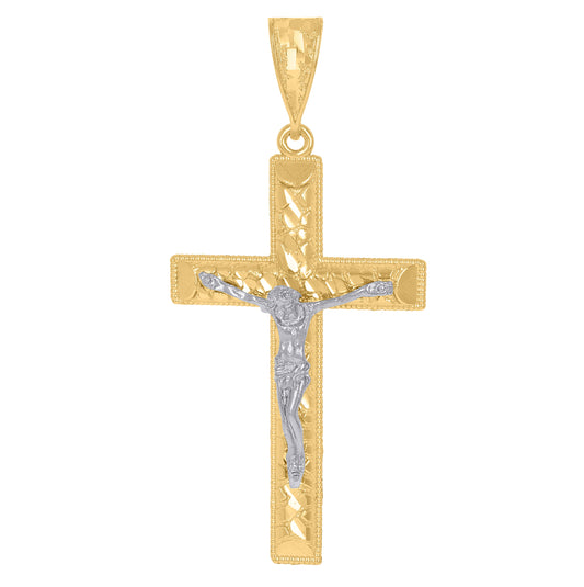 14K Gold Womens Two-Tone Diamond-Cut Nugget Cross Crucifix Jesus Ht:66.9Mm Pendant Charm