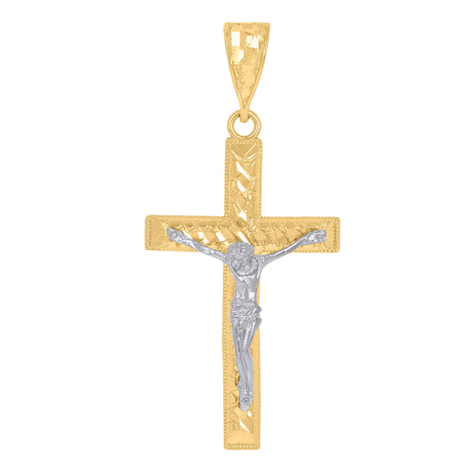 14K Gold Womens Two-Tone Diamond-Cut Nugget Cross Crucifix Jesus Ht:59.5Mm Pendant Charm