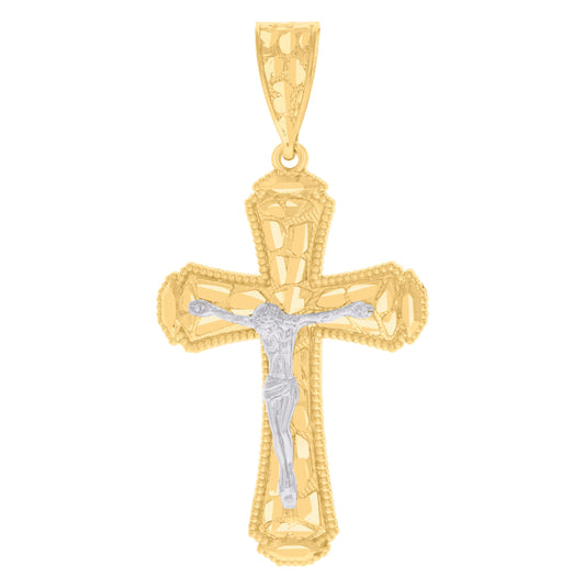 14K Gold Womens Two-Tone Diamond-Cut Nugget Cross Crucifix Jesus Ht:54.6Mm Pendant Charm