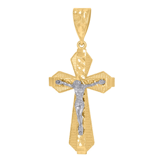 14K Gold Womens Two-Tone Diamond-Cut Nugget Cross Crucifix Jesus Ht:54.8Mm Pendant Charm