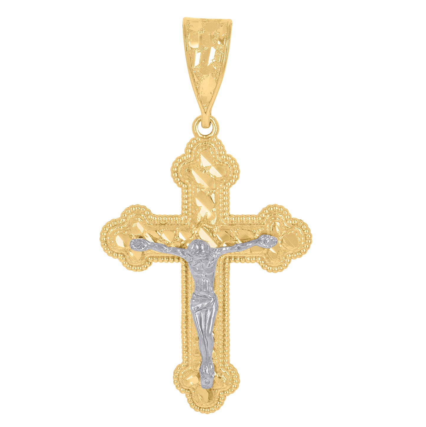 14K Gold Womens Two-Tone Diamond-Cut Nugget Cross Crucifix Jesus Ht:51.8Mm Pendant Charm