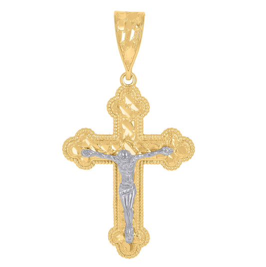 14K Gold Womens Two-Tone Diamond-Cut Nugget Cross Crucifix Jesus Ht:51.8Mm Pendant Charm