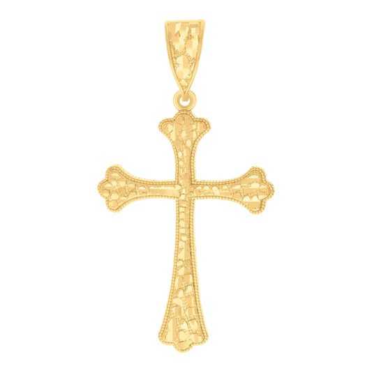 14K Yellow Gold Womens Diamond-Cut Nugget Budded Cross Ht:53.2Mm Religious Pendant Charm