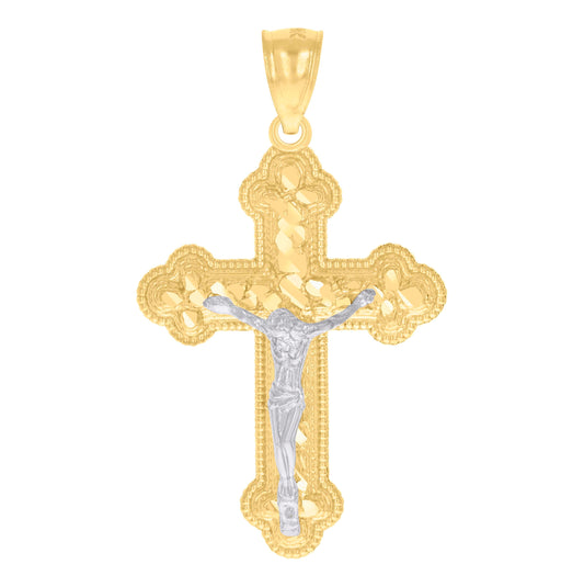 14K Gold Womens Two-Tone Diamond-Cut Nugget Cross Crucifix Jesus Ht:39.8Mm Pendant Charm