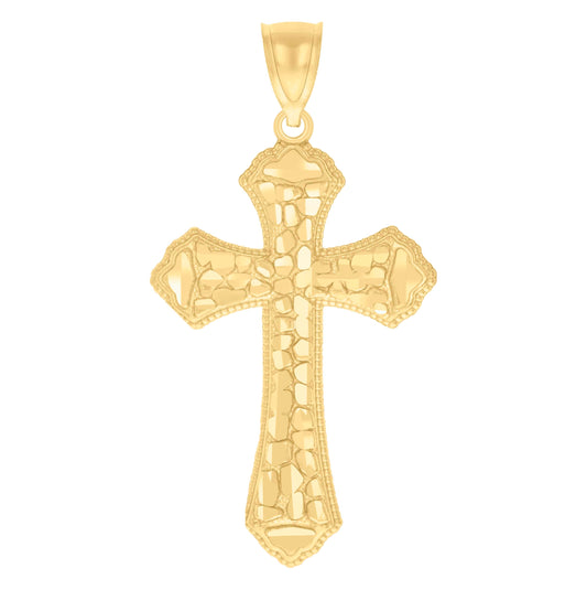 14K Yellow Gold Womens Diamond-Cut Nugget Budded Cross Ht:40.5Mm Religious Pendant Charm