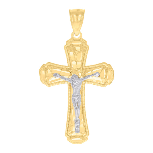 14K Gold Womens Two-Tone Diamond-Cut Nugget Cross Crucifix Jesus Ht:39.4Mm Pendant Charm