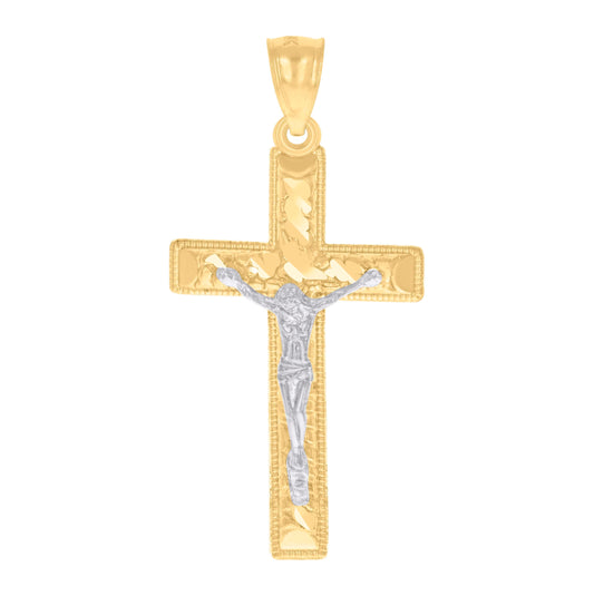 14K Gold Womens Two-Tone Diamond-Cut Nugget Cross Crucifix Jesus Ht:41Mm Pendant Charm