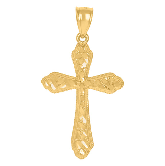 14K Yellow Gold Womens Diamond-Cut Nugget Budded Cross Ht:40.1Mm Religious Pendant Charm