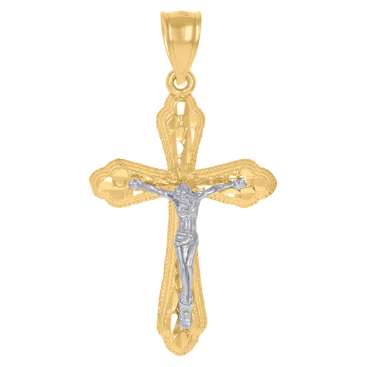 14K Gold Womens Two-Tone Diamond-Cut Nugget Cross Crucifix Jesus Ht:40Mm Pendant Charm
