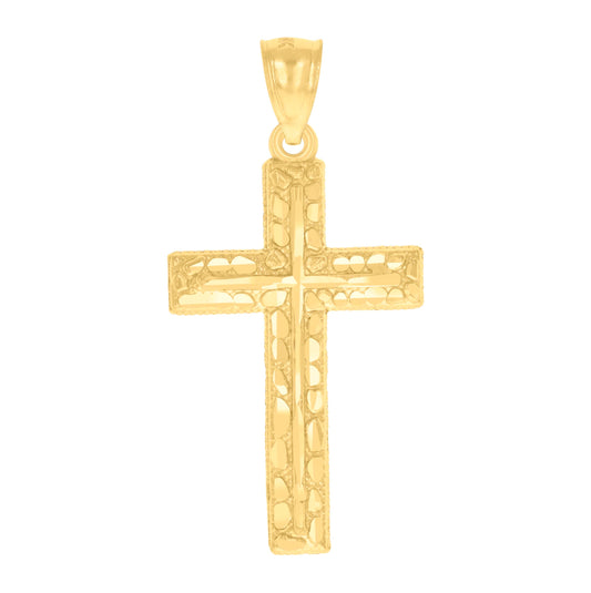 14K Yellow Gold Womens Diamond-Cut Nugget Cross Ht:37.8Mm Religious Pendant Charm