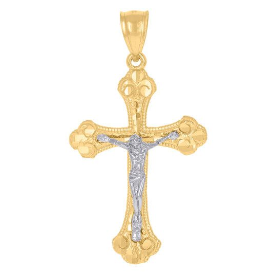 14K Gold Unisex Two-Tone Diamond-Cut Cross Crucifix Jesus Ht:40.6Mm Pendant Charm