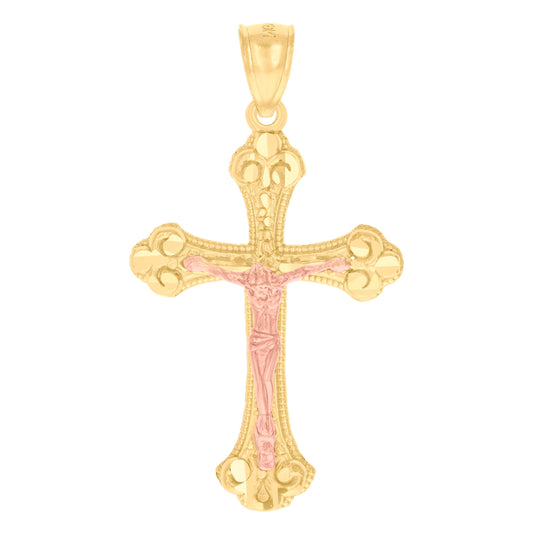 14K Gold Unisex Two-Tone Diamond-Cut Cross Crucifix Jesus Ht:40.9Mm Pendant Charm