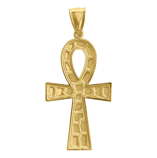 14K Yellow Gold Womens Diamond-Cut Nugget Ankh Ht:59Mm Religious Pendant Charm