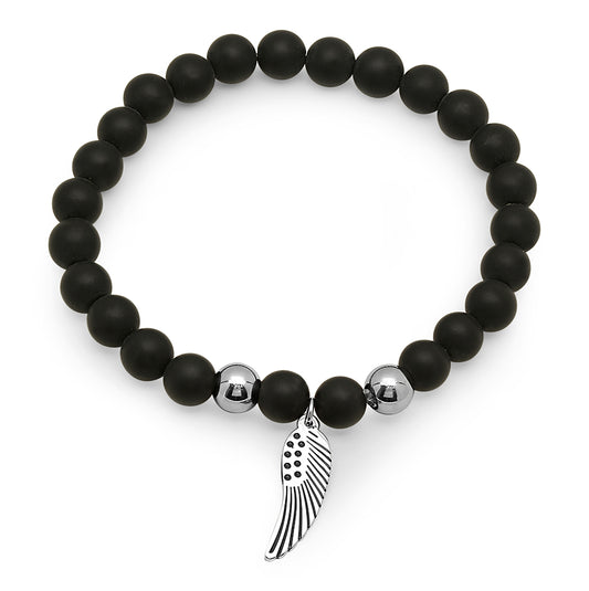 Stainless Steel Unisex Black Beads Angel Wing Religious Stretchable Bracelet