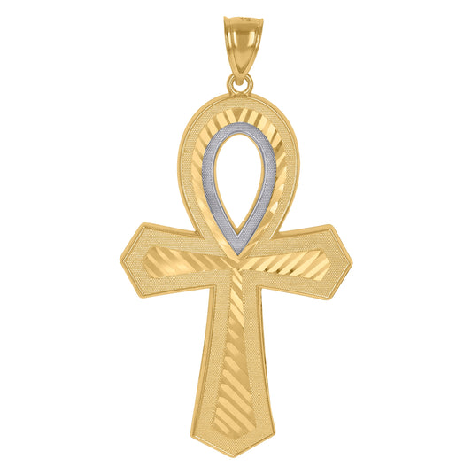 10K Two-Tone Gold Mens Women Diamond-Cut Ankh Cross Religious Charm Pendant