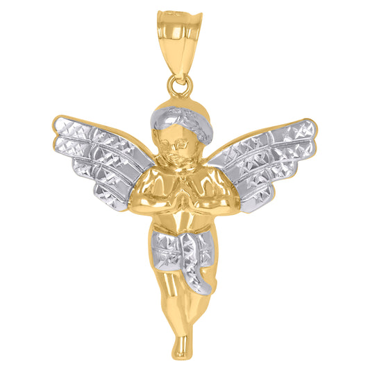 10K Gold Two-Tone Diamond-Cut Mens Angel Religious Charm Pendant