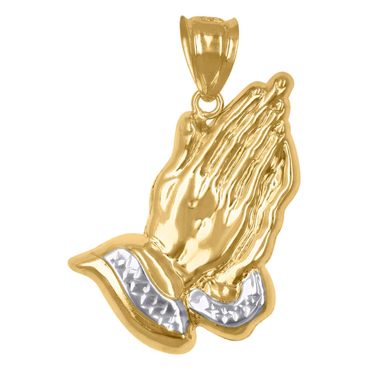 10K Two-Tone Gold Unisex Textured Praying Hands Religious Charm Pendant