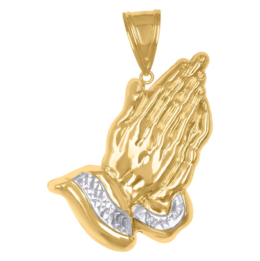 10K Gold Two-Tone Diamond-Cut Mens Praying Hands Religious Charm Pendant