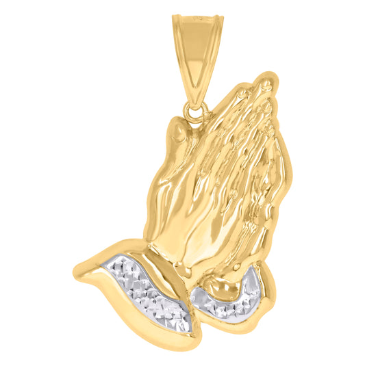 10K Gold Two-Tone Diamond-Cut Mens Praying Hands Religious Charm Pendant