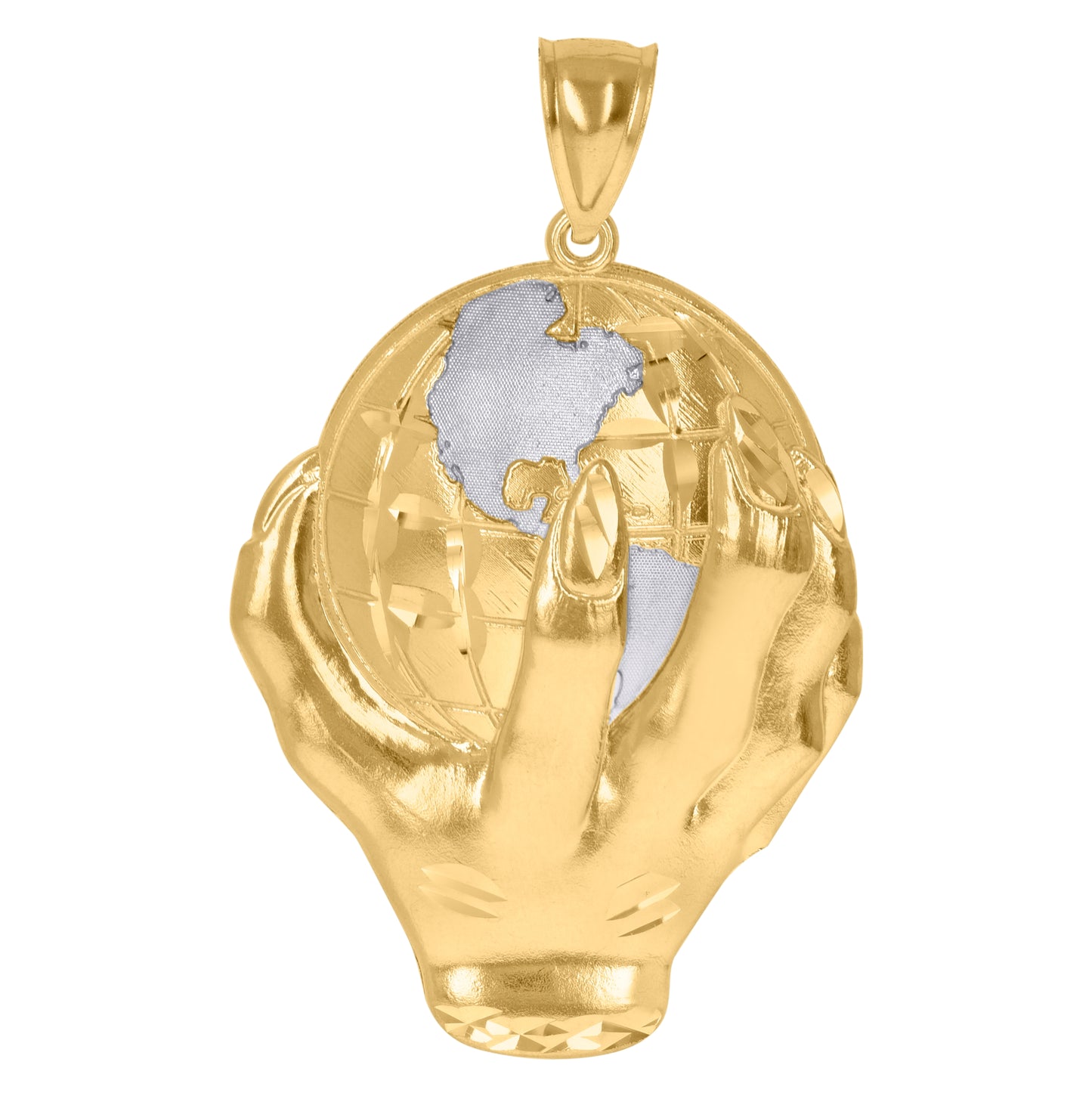 10K Gold Two-Tone Diamond-Cut Mens Hand Earth Globe Charm Pendant