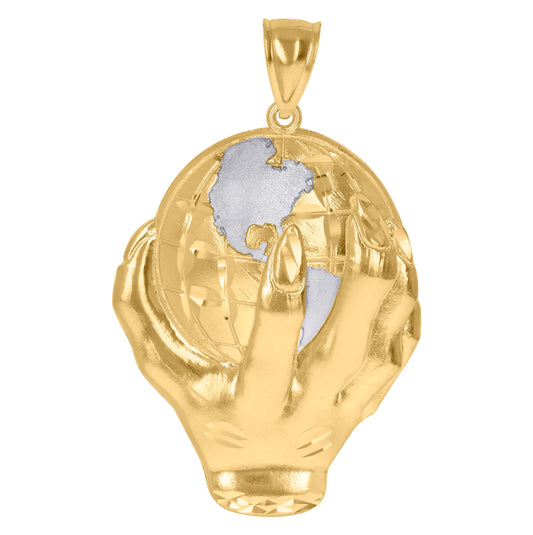 10K Gold Two-Tone Diamond-Cut Mens Hand Earth Globe Charm Pendant